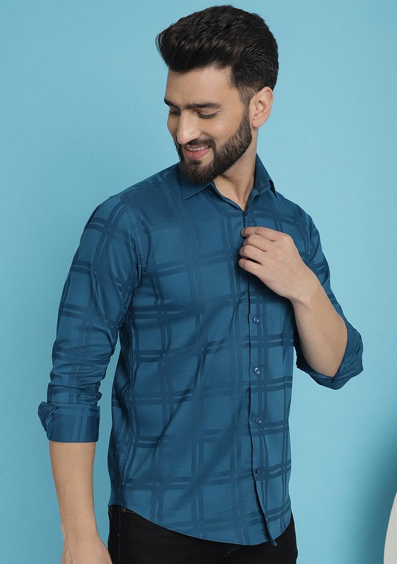 Blue Printed Cotton Shirt For Men - Indya