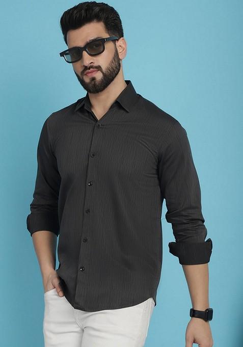 Charcoal Self Design Cotton Shirt For Men