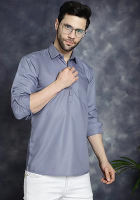 Grey Cotton Blend Kurta For Men