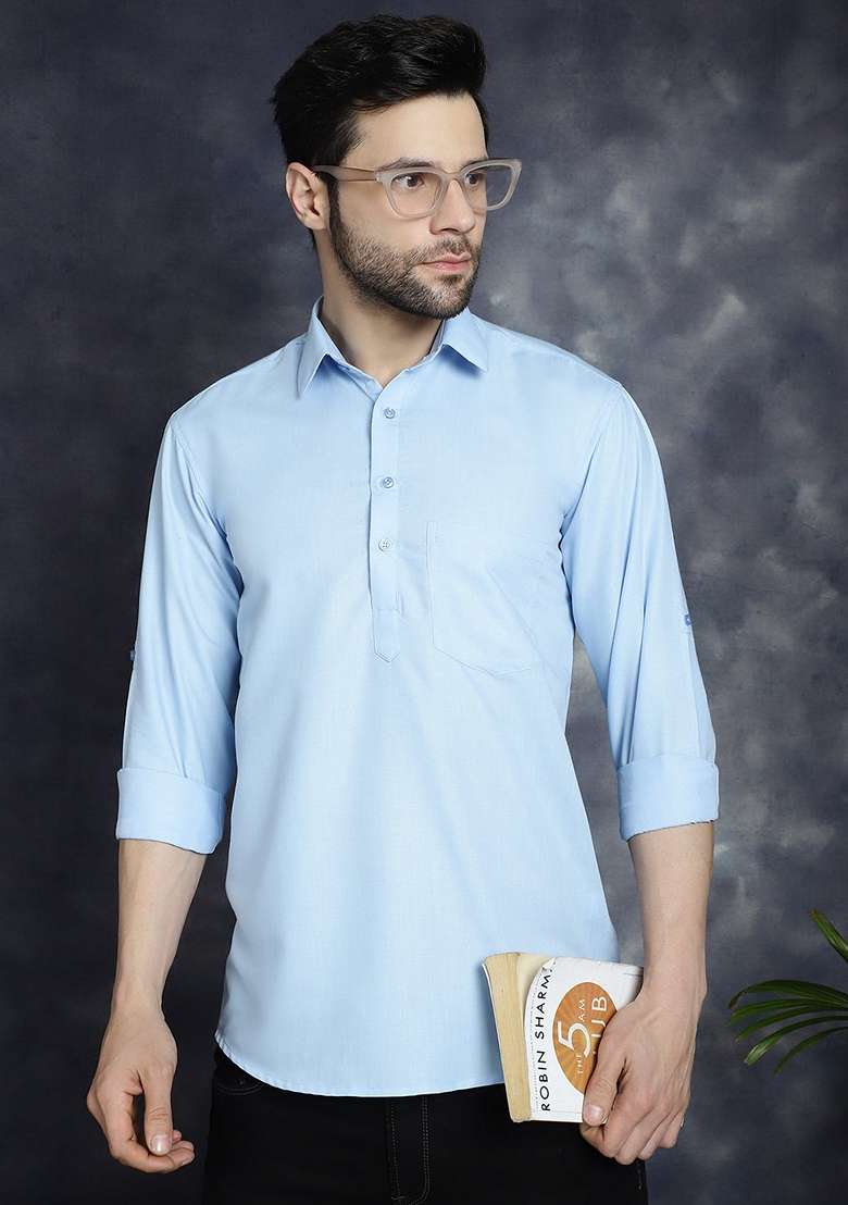 Blue Cotton Blend Kurta For Men - Indya