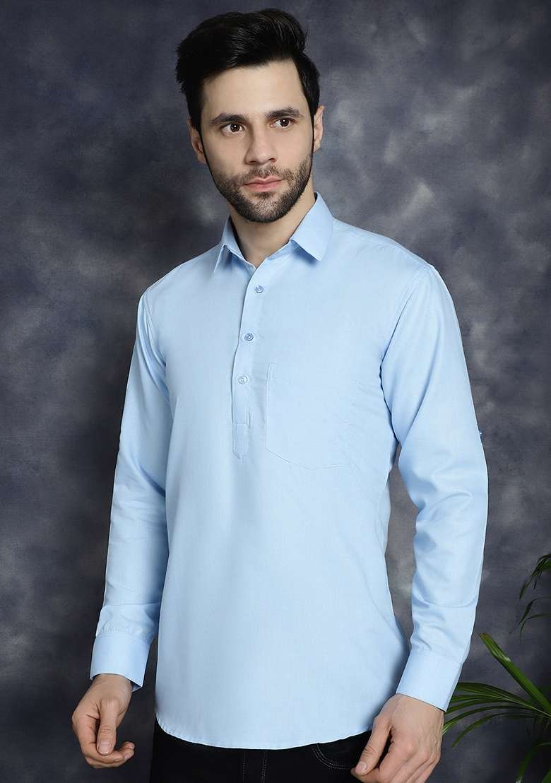Blue Cotton Blend Kurta For Men - Indya