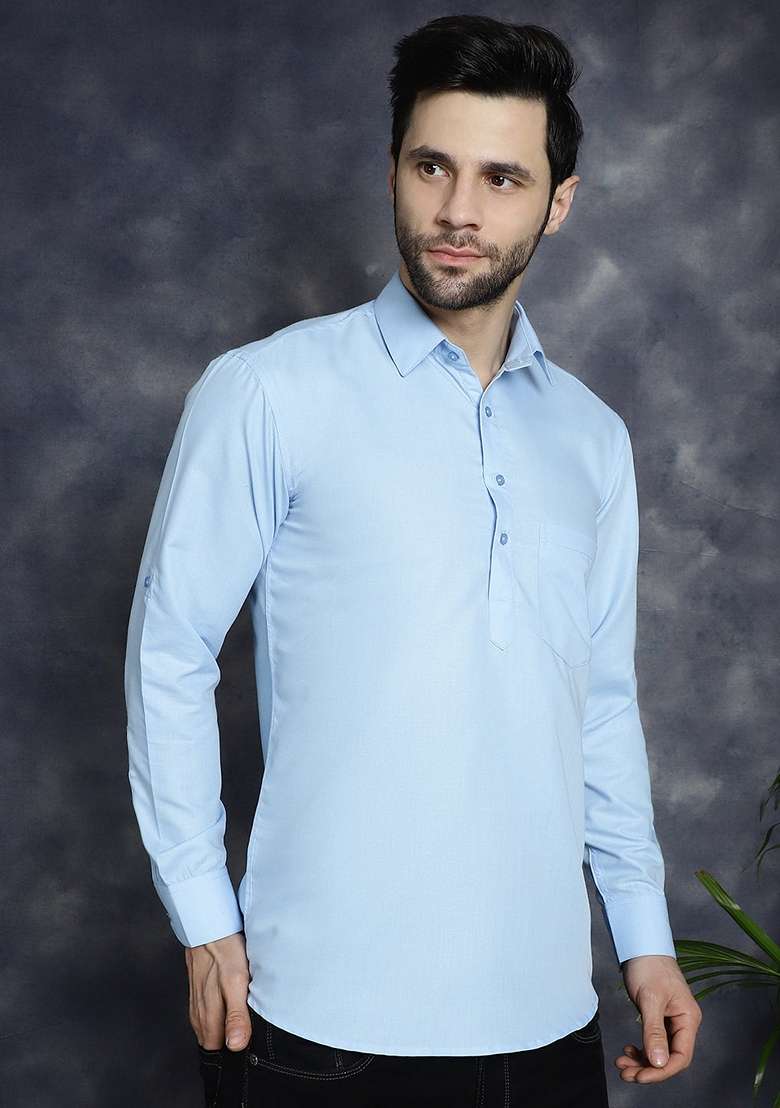 Blue Cotton Blend Kurta For Men - Indya