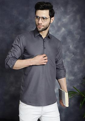 Grey Cotton Blend Kurta For Men
