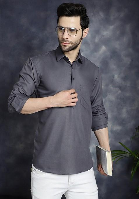 Grey Cotton Blend Kurta For Men