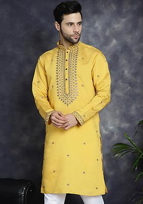 Yellow Embroidered Cotton Blend Kurta For Men