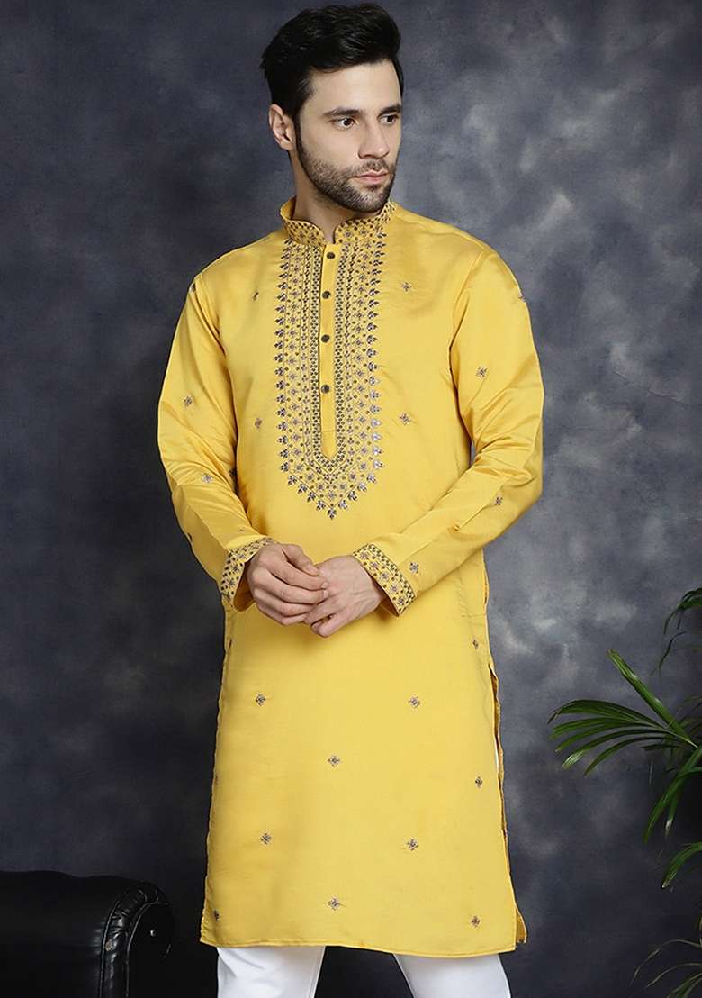 Yellow Embroidered Cotton Blend Kurta For Men - Indya