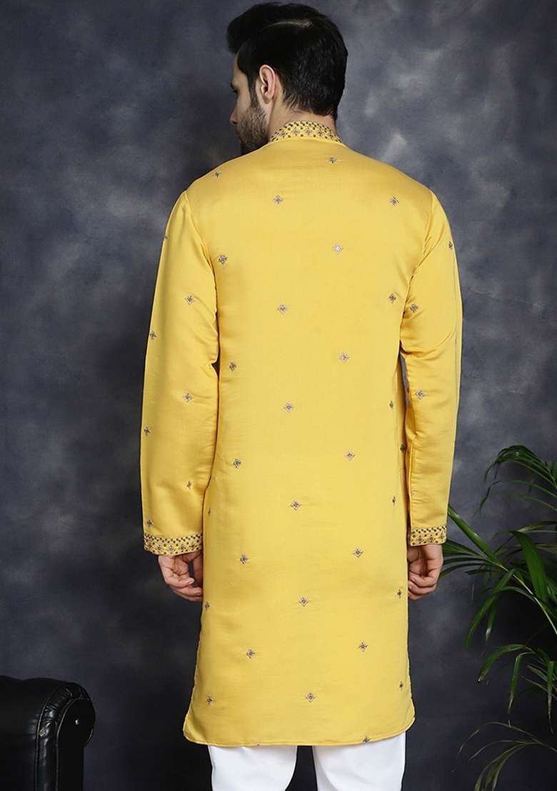 Yellow Embroidered Cotton Blend Kurta For Men - Indya