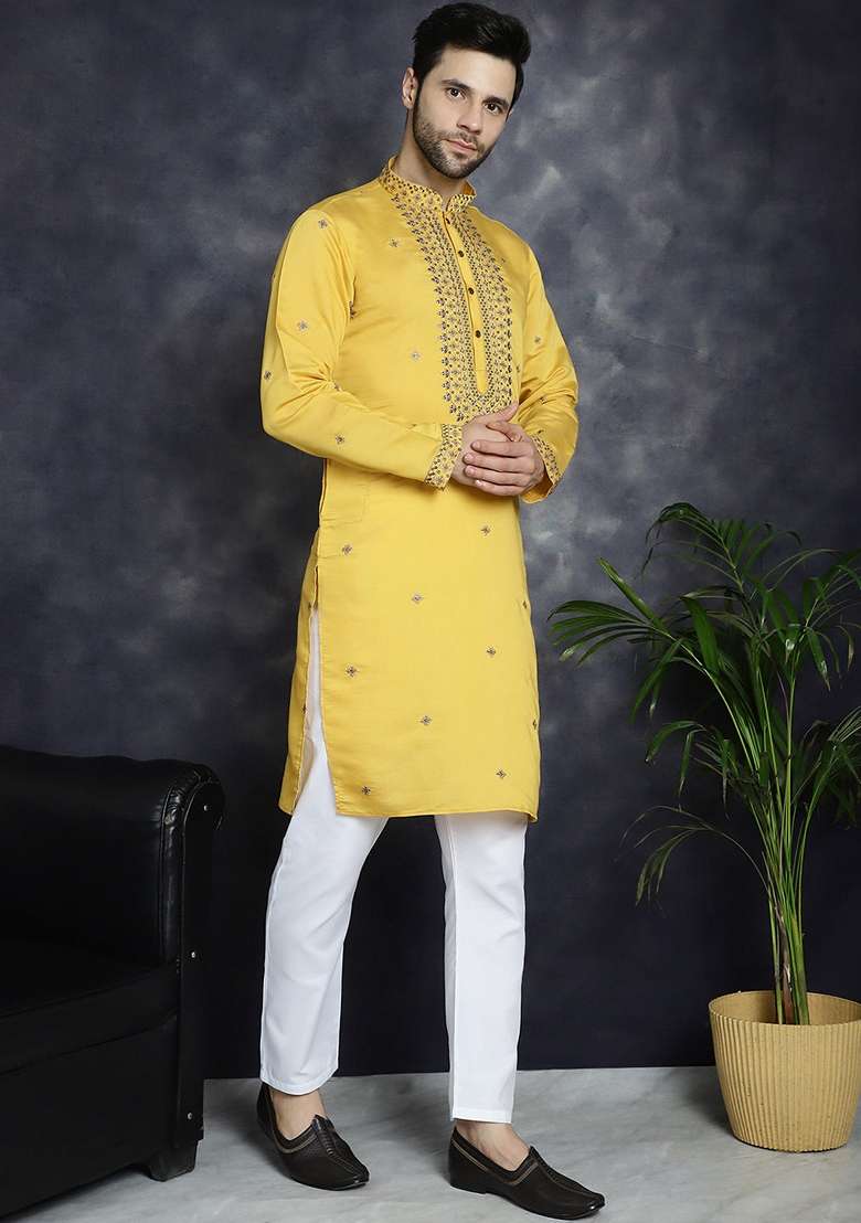 Yellow Embroidered Cotton Blend Kurta For Men - Indya