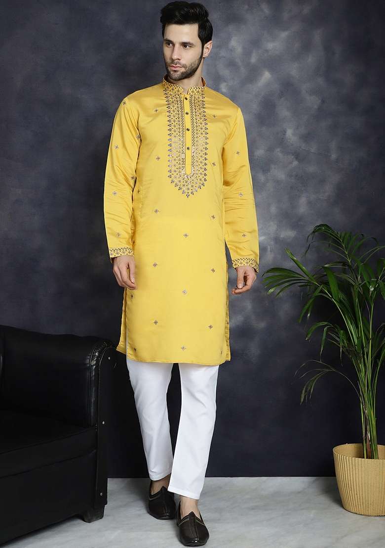 Yellow Embroidered Cotton Blend Kurta For Men - Indya