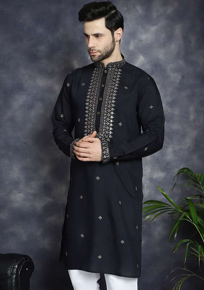 Black Embroidered Cotton Blend Kurta For Men - Indya