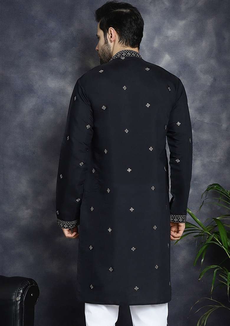 Black Embroidered Cotton Blend Kurta For Men - Indya