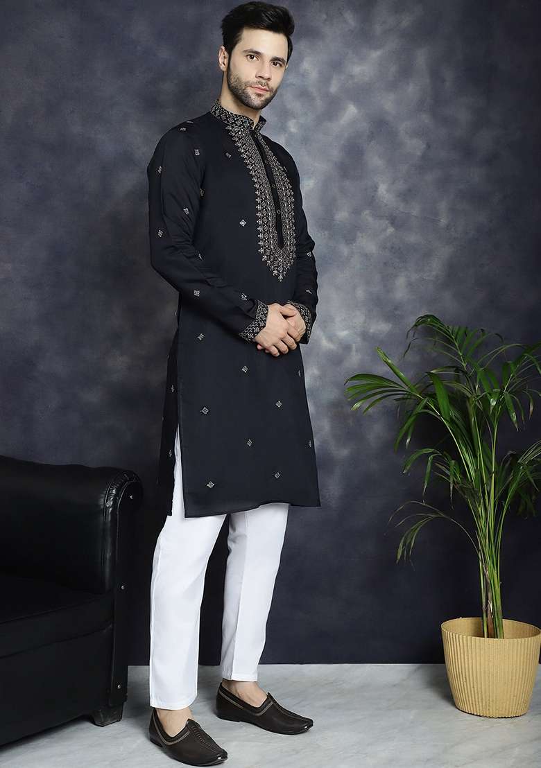 Black Embroidered Cotton Blend Kurta For Men - Indya