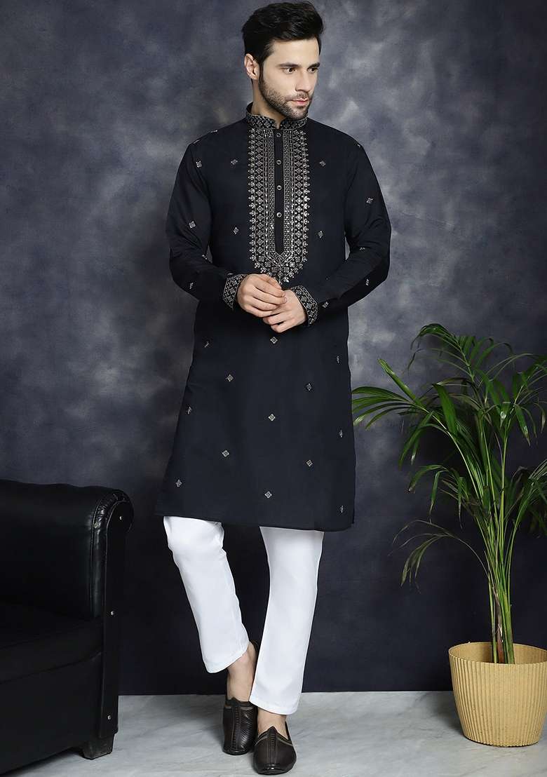 Black Embroidered Cotton Blend Kurta For Men - Indya
