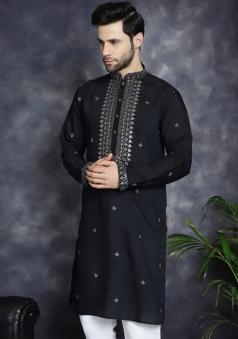 Black Embroidered Cotton Blend Kurta For Men