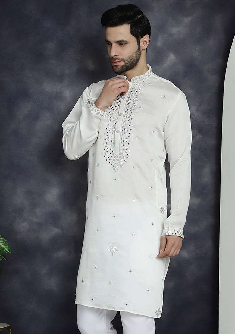 White Embroidered Cotton Blend Kurta For Men - Indya