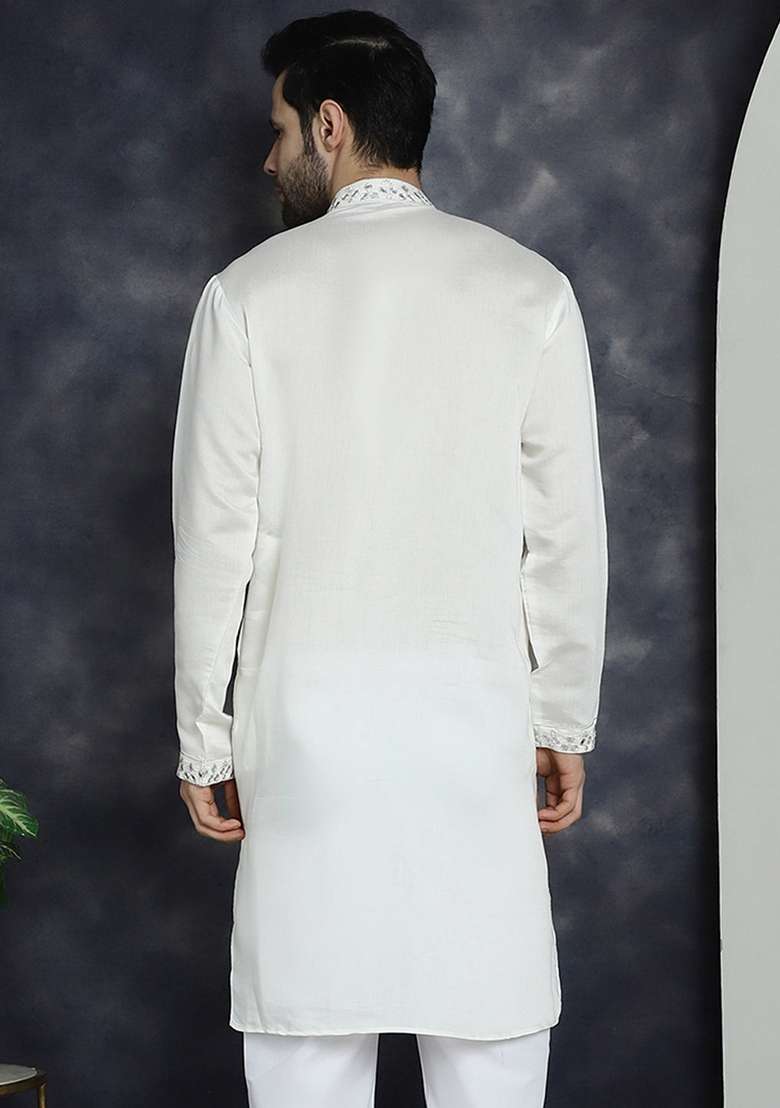 White Embroidered Cotton Blend Kurta For Men - Indya