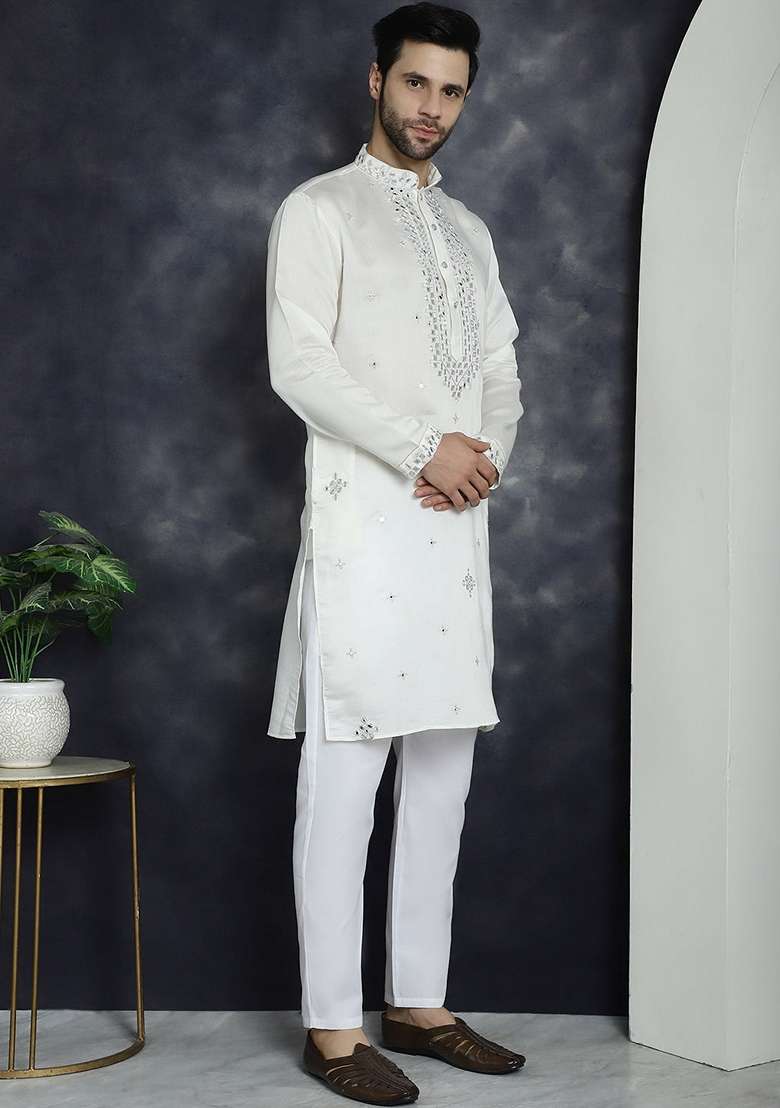 White Embroidered Cotton Blend Kurta For Men - Indya