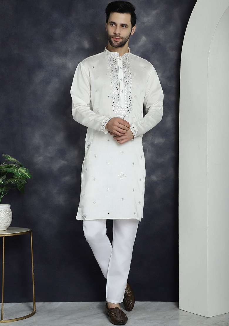 White Embroidered Cotton Blend Kurta For Men - Indya