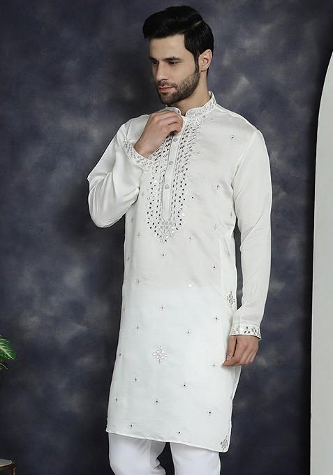 White Embroidered Cotton Blend Kurta For Men