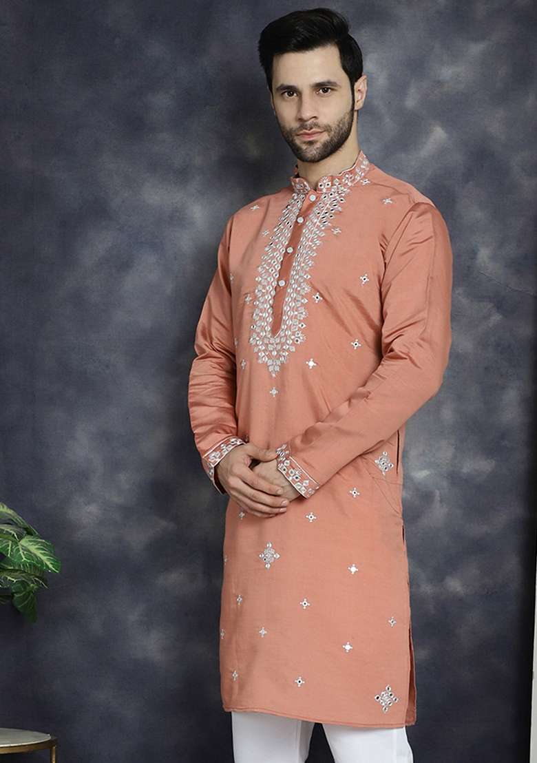Peach Embroidered Cotton Blend Kurta For Men - Indya