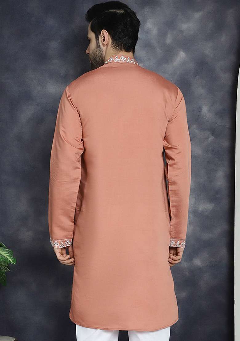 Peach Embroidered Cotton Blend Kurta For Men - Indya