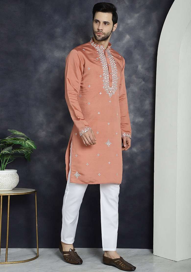 Peach Embroidered Cotton Blend Kurta For Men - Indya