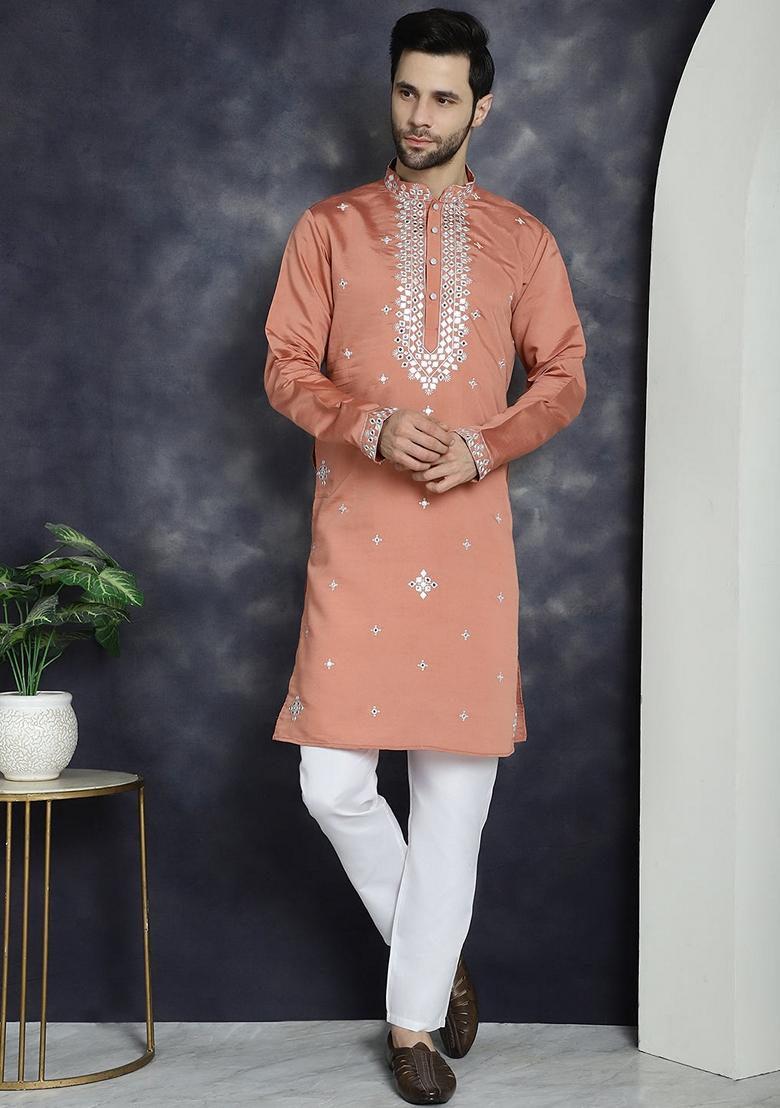 Peach Embroidered Cotton Blend Kurta For Men - Indya