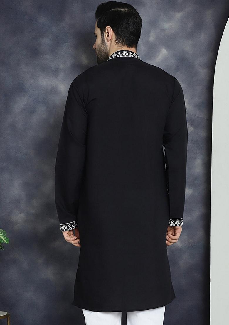 Black Embroidered Cotton Blend Kurta For Men