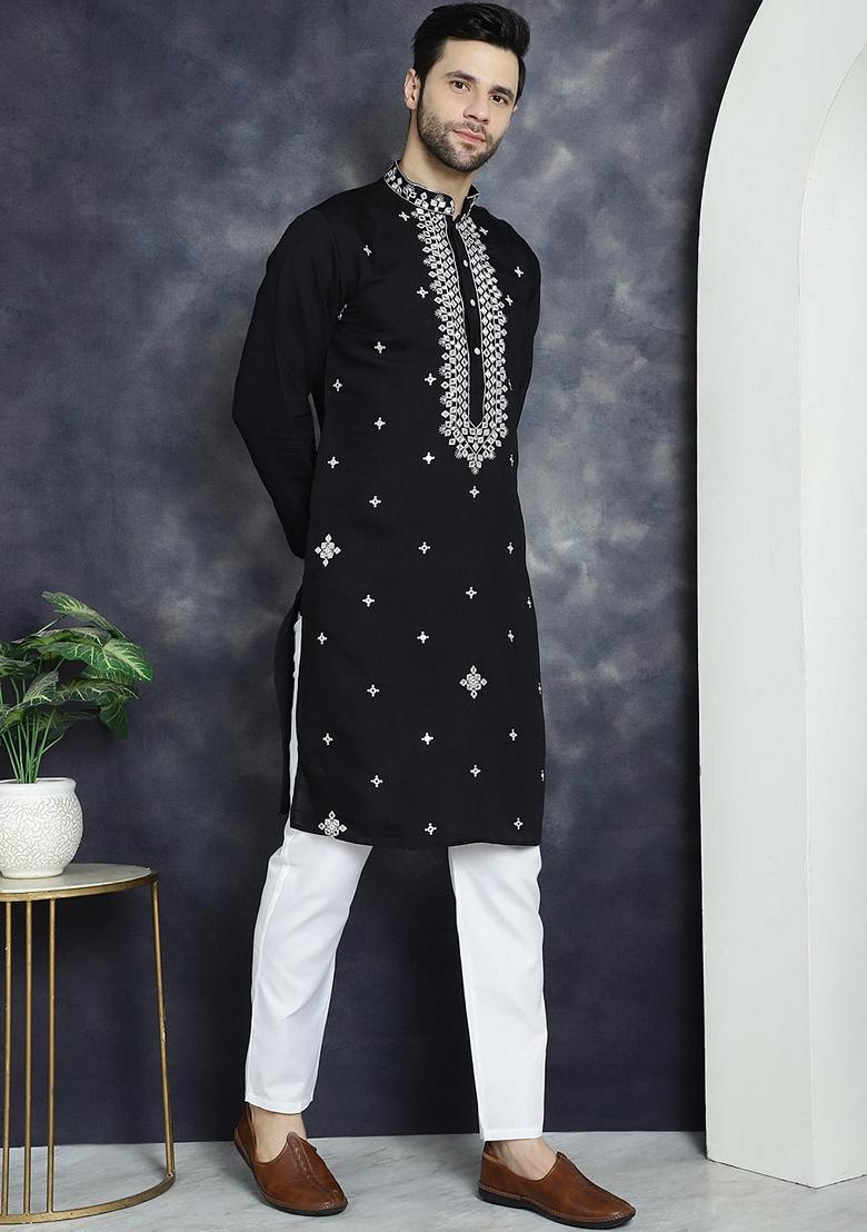 Black Embroidered Cotton Blend Kurta For Men