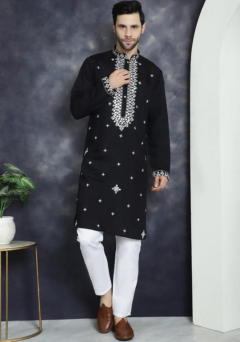 Black Embroidered Cotton Blend Kurta For Men