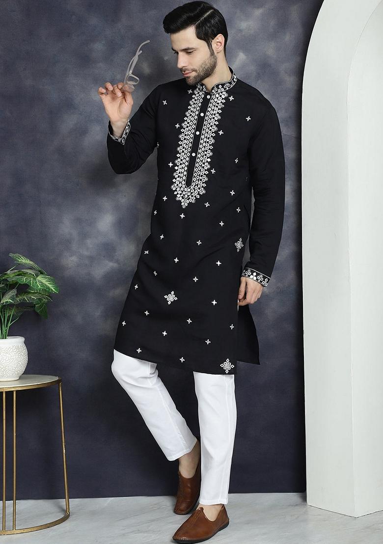 Black Embroidered Cotton Blend Kurta For Men