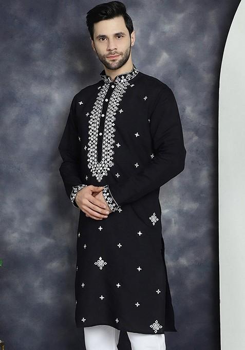 Black Embroidered Cotton Blend Kurta For Men