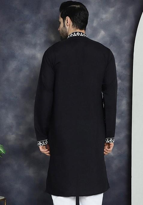 Black Embroidered Cotton Blend Kurta For Men