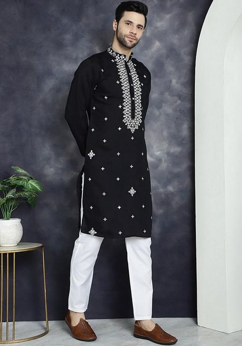 Black Embroidered Cotton Blend Kurta For Men