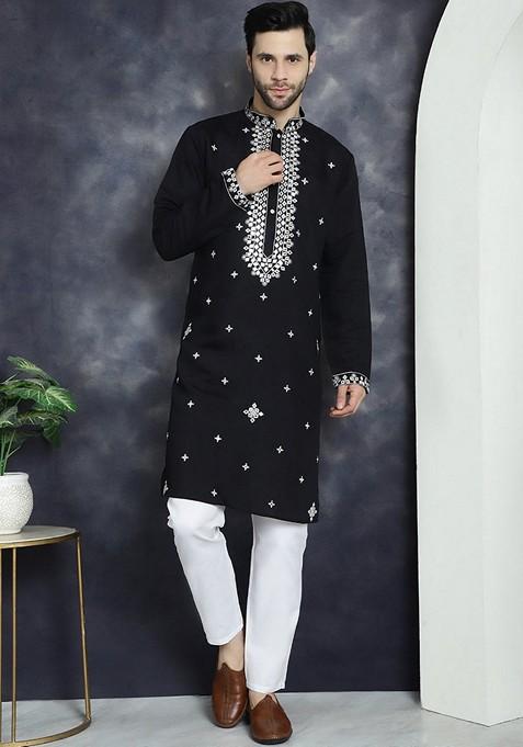 Black Embroidered Cotton Blend Kurta For Men