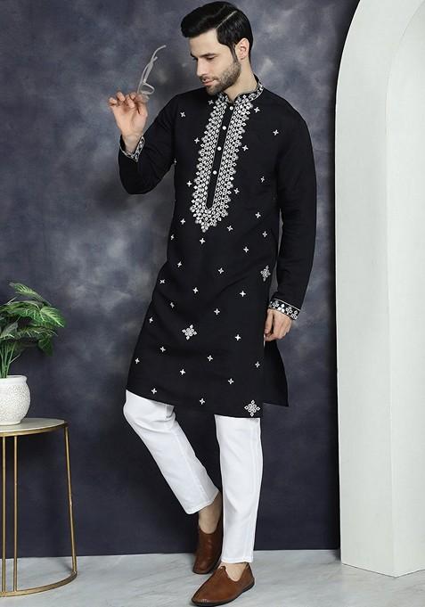 Black Embroidered Cotton Blend Kurta For Men