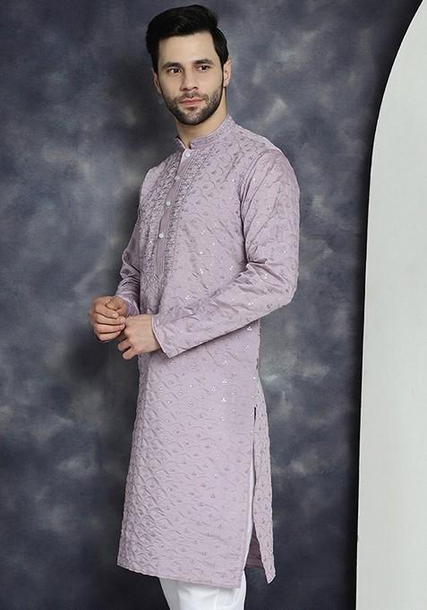 Purple Embroidered Cotton Blend Kurta For Men