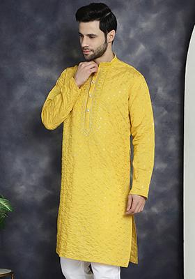 Mustard Embroidered Cotton Blend Kurta For Men