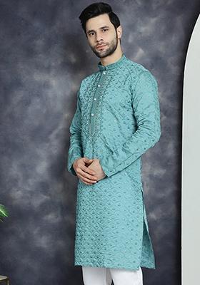 Blue Embroidered Cotton Blend Kurta For Men
