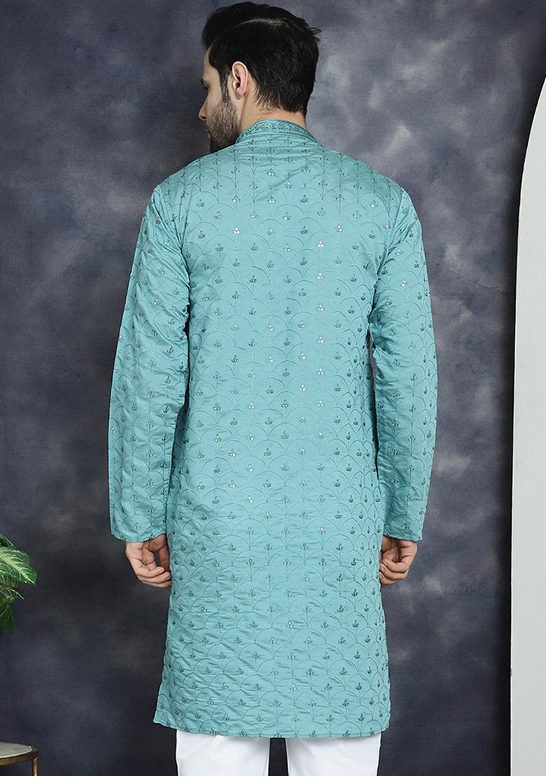 Blue Embroidered Cotton Blend Kurta For Men - Indya