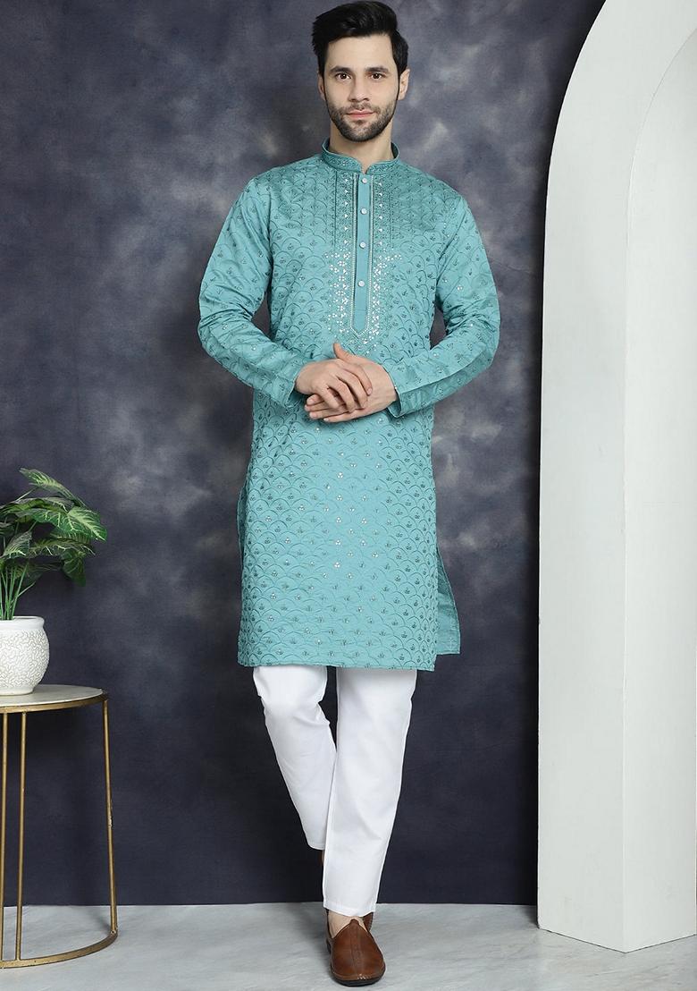 Blue Embroidered Cotton Blend Kurta For Men - Indya