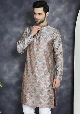Silver Woven Design Silk Blend Kurta For Men