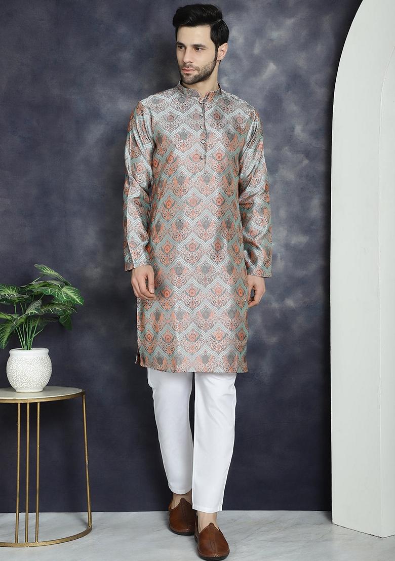 Silver Woven Design Silk Blend Kurta For Men