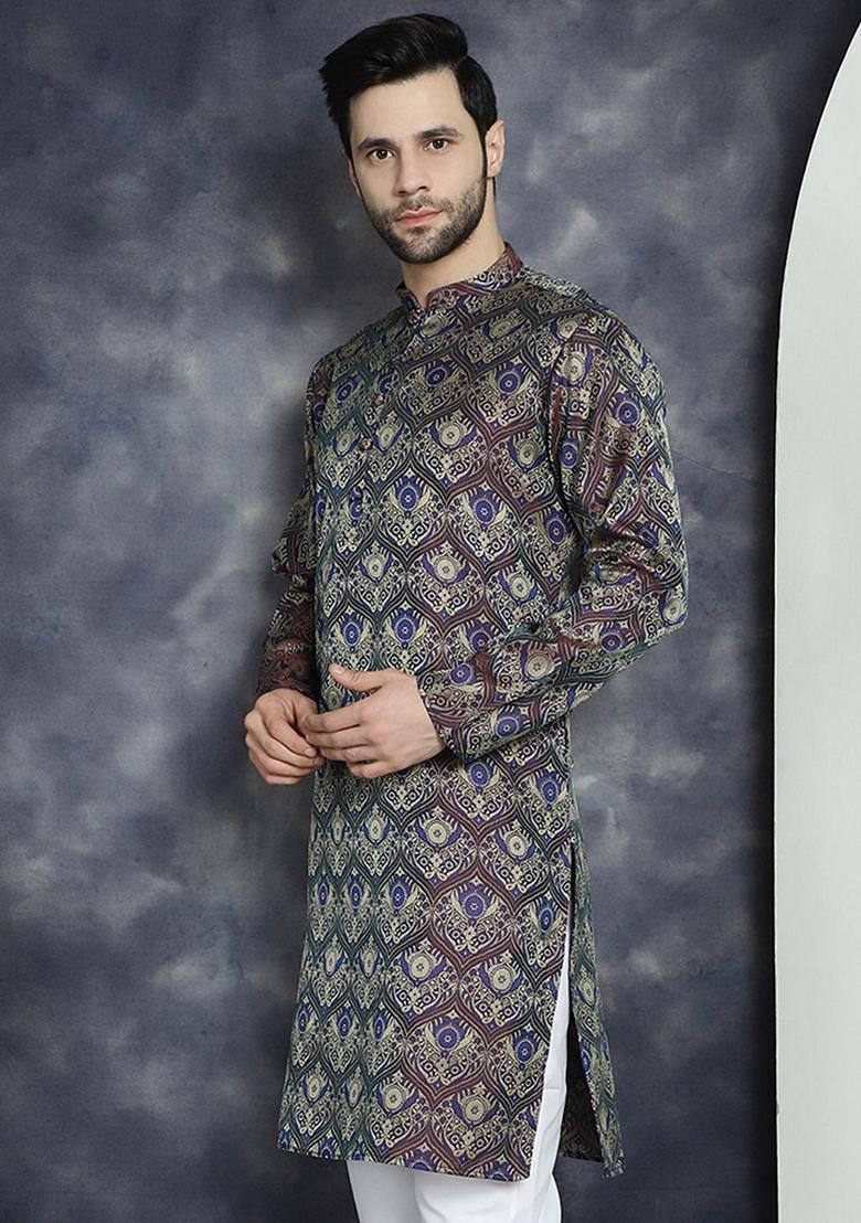 Purple Woven Design Silk Blend Kurta For Men
