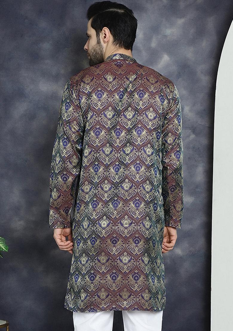 Purple Woven Design Silk Blend Kurta For Men