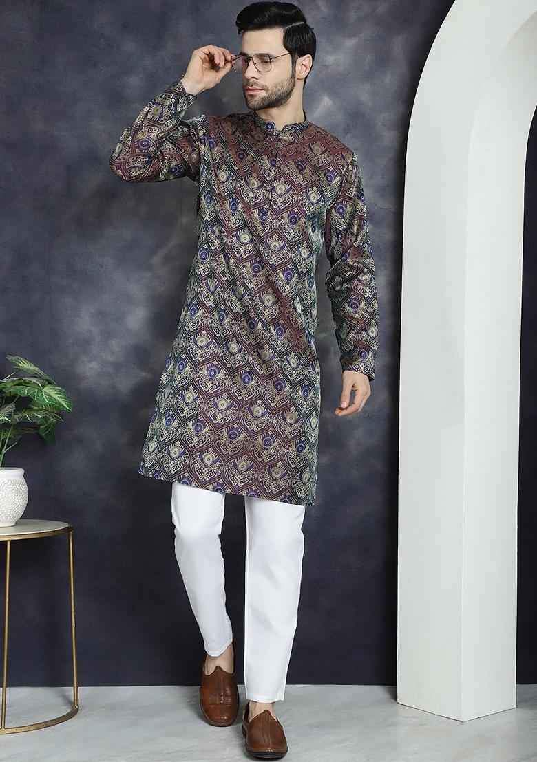 Purple Woven Design Silk Blend Kurta For Men