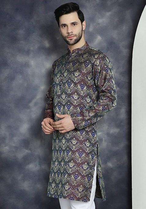 Purple Woven Design Silk Blend Kurta For Men