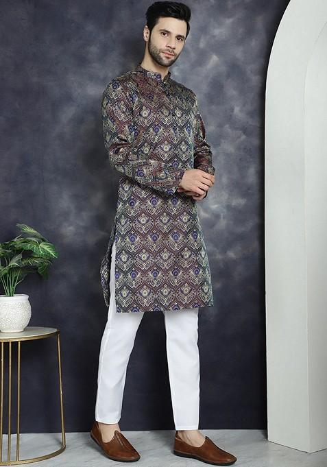 Purple Woven Design Silk Blend Kurta For Men