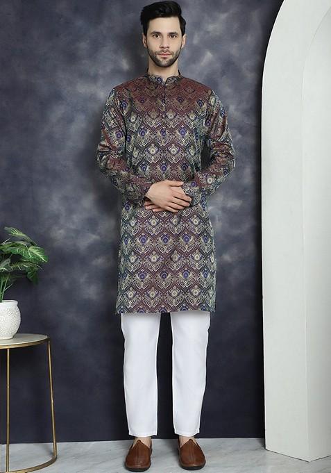 Purple Woven Design Silk Blend Kurta For Men
