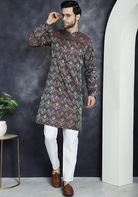 Purple Woven Design Silk Blend Kurta For Men